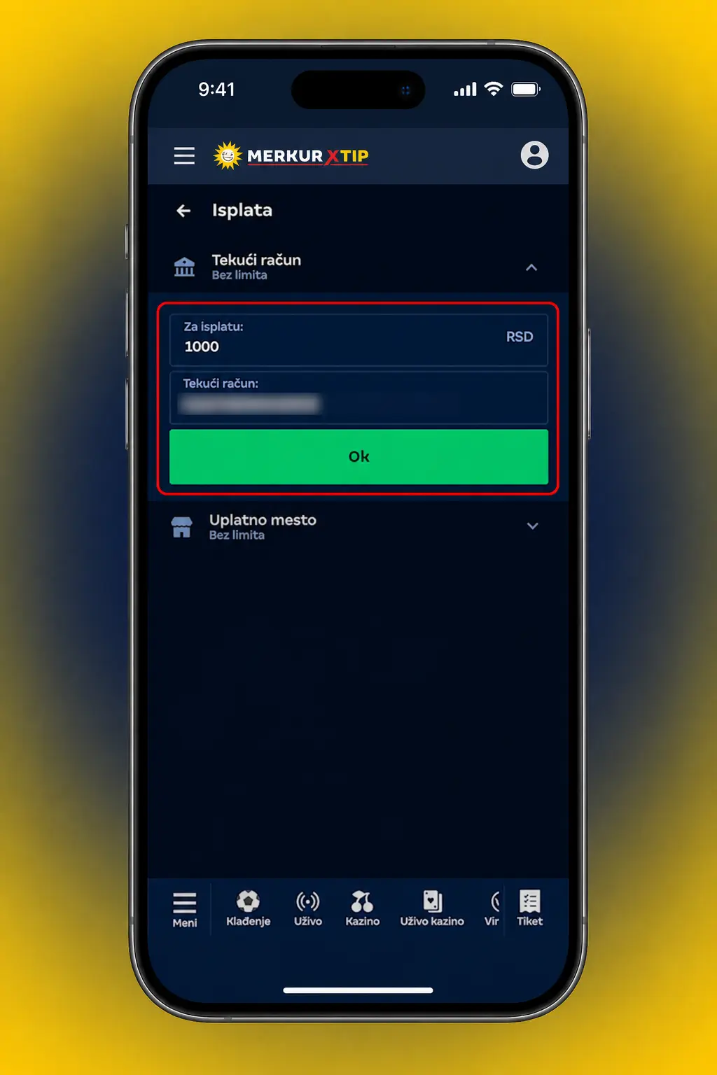 Isplata preko MerkurXtip aplikacije uz verifikovan nalog i minimalni saldo od 1.000 RSD