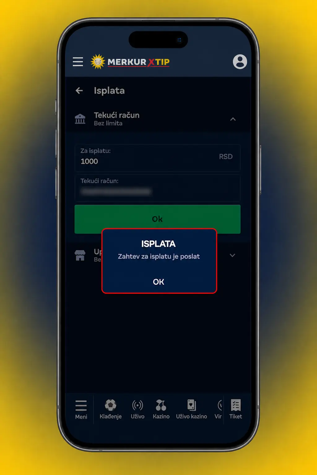 Prikaz koraka za isplatu preko MerkurXtip aplikacije uz verifikovan nalog i minimalni saldo od 1.000 RSD