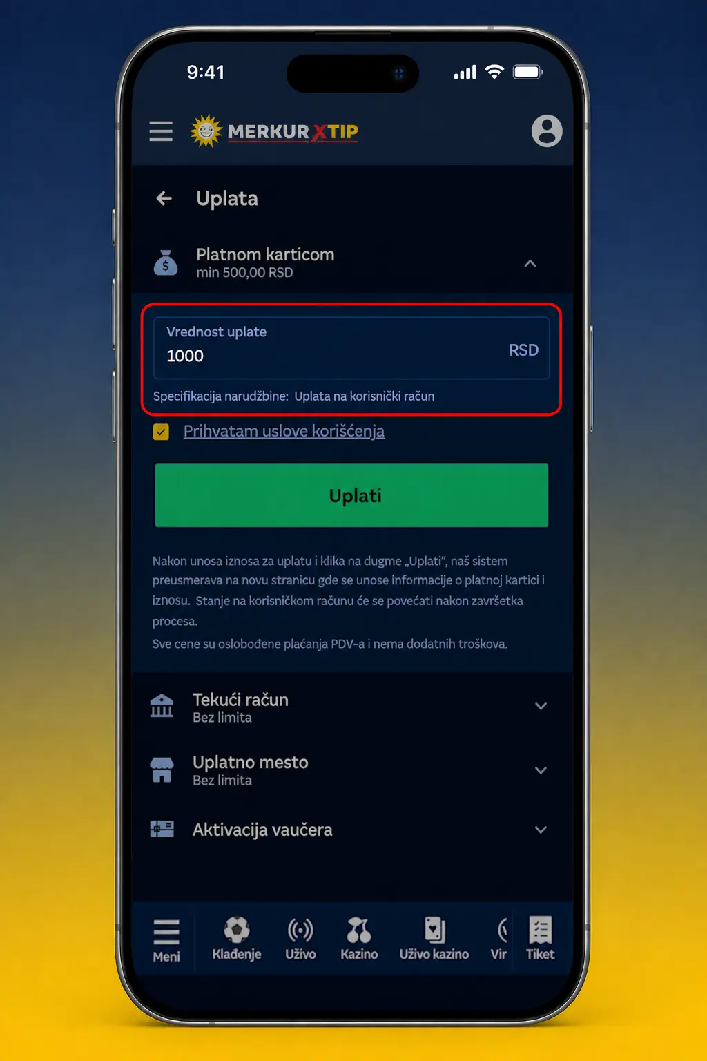 MerkurXtip depozit preko mobilne aplikacije - izbor načina uplate i unos iznosa u aplikaciji
