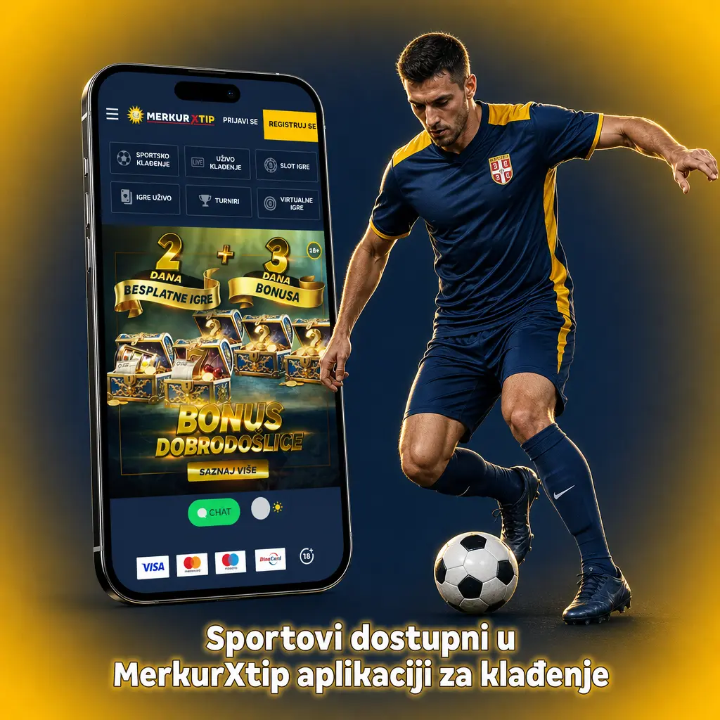 Pregled sportova i eSports disciplina dostupnih za klađenje u MerkurXtip aplikaciji, uz LIVE i LINE opcije.